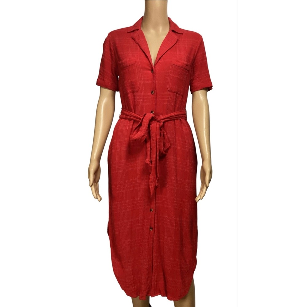 Anthropologie Maeve Red Aria Textured Shirtdress SP Midi Belted Pockets Plaid